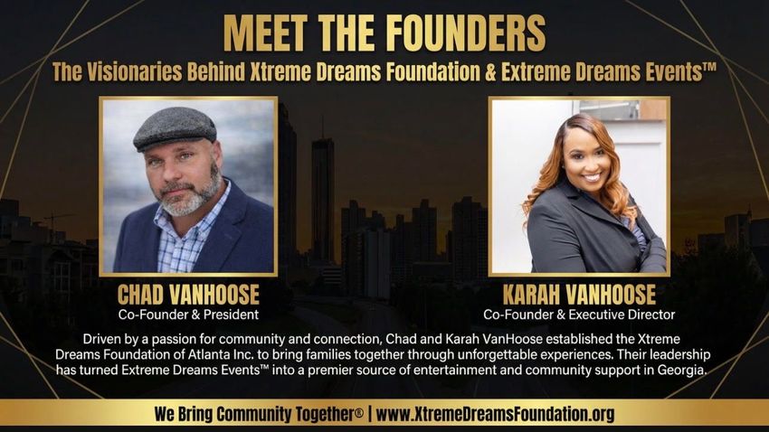 Meet the founders poster with two headshots over a city skyline, gold and black event branding