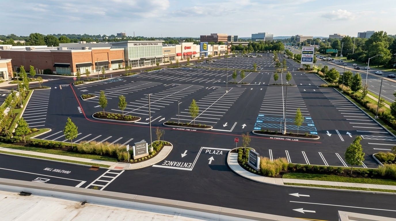 Large empty shopping center parking lot with freshly painted spaces and landscaped islands