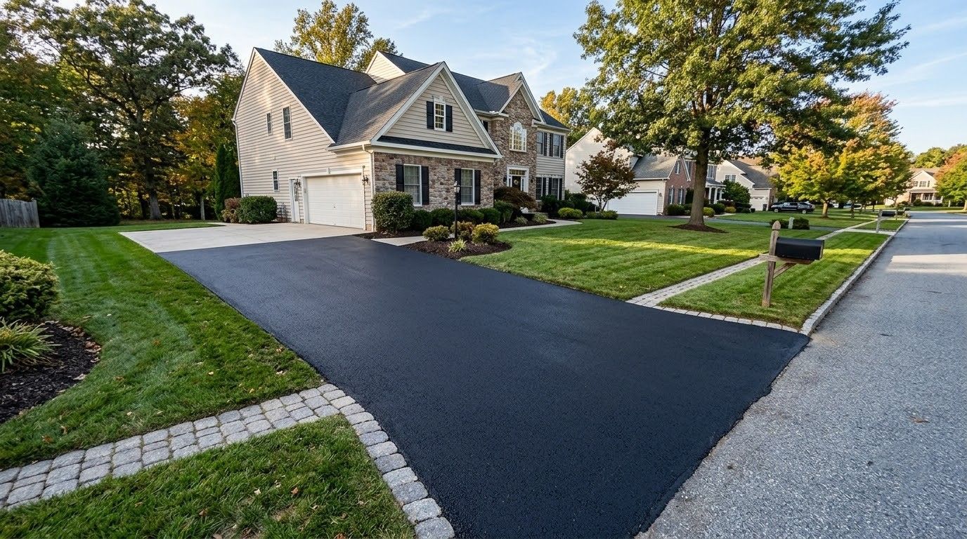 Suburban house with fresh black driveway, stone walkway, and manicured lawn at sunset