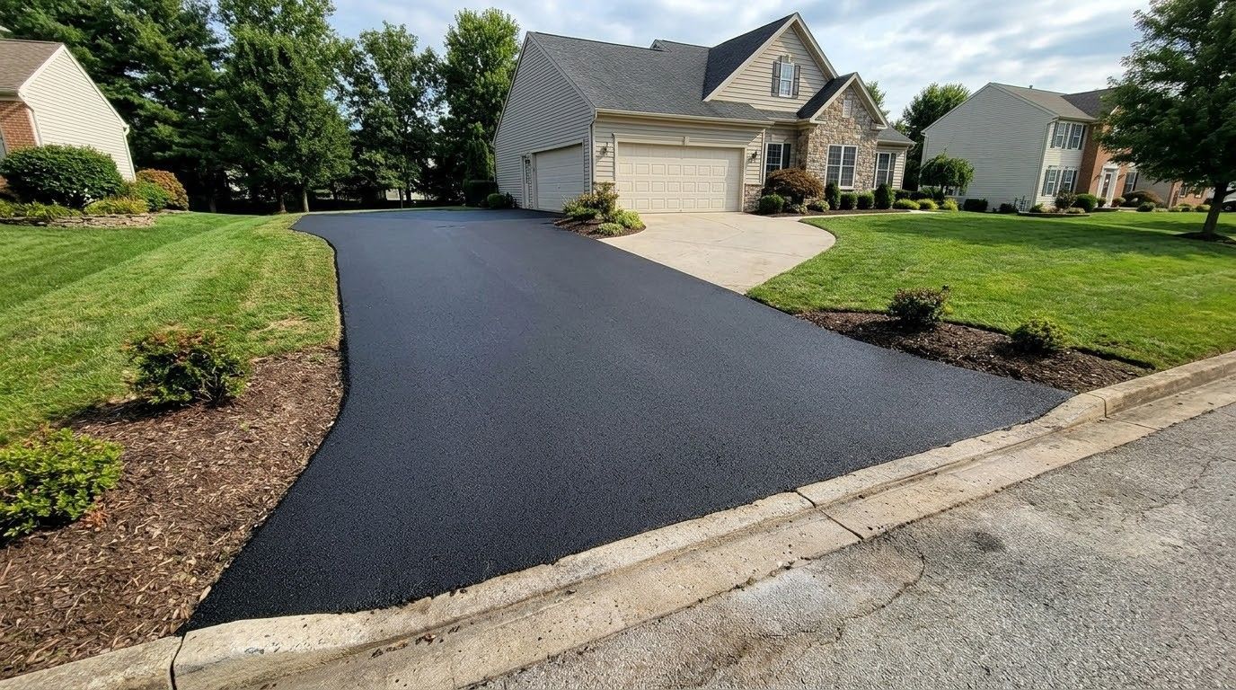 Fresh black asphalt driveway leading to a suburban house with a beige garage and green lawn.