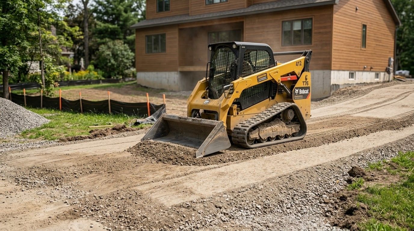 Yellow skid steer grading gravel driveway beside a brick house during construction