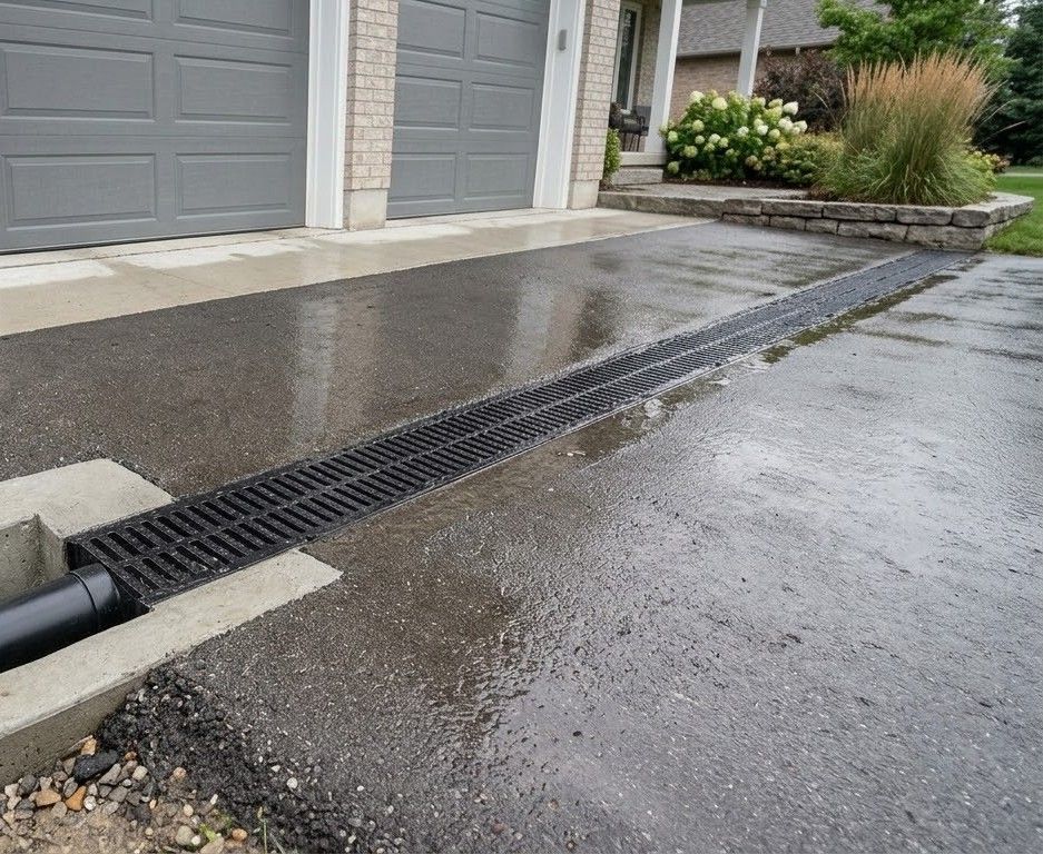Rainy driveway with a long black drainage grate beside a garage and landscaped border