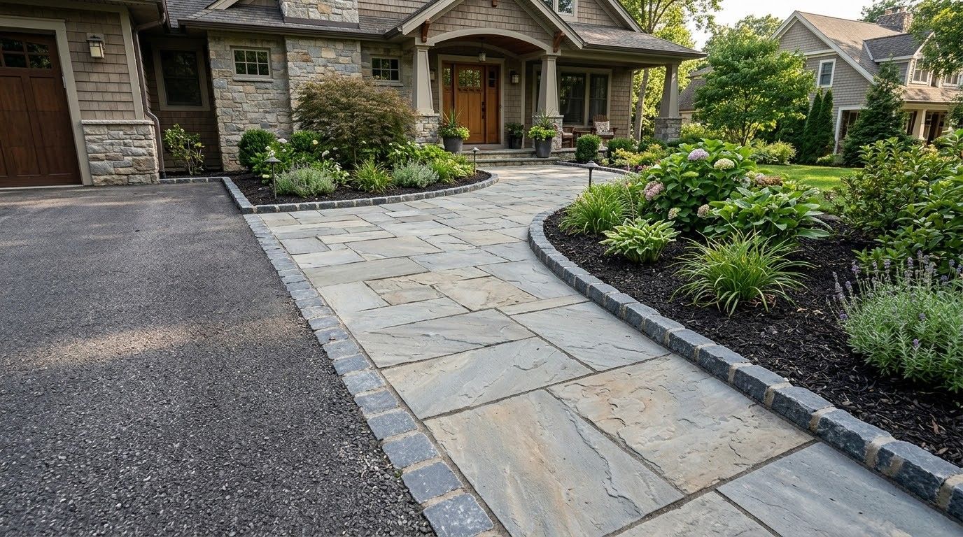 Stone walkway beside driveway leading to a house entrance, bordered by landscaped shrubs and flowers.
