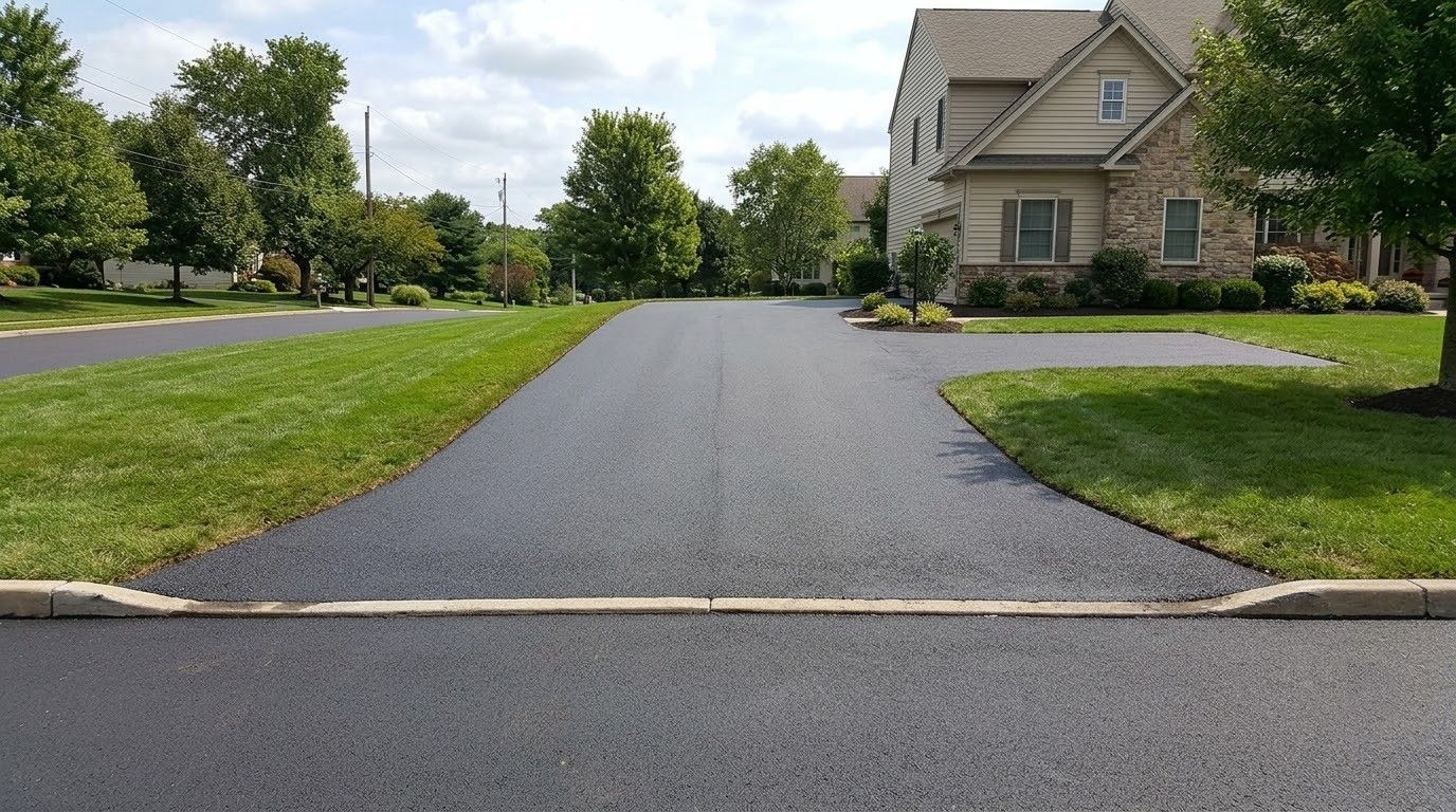 Driveway extending to a suburban house with green lawns and trees on a sunny day.