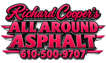 Richard Cooper's All Around Asphalt logo with phone number 610-500-9707 in pink, black, and white
