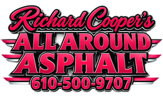Richard Cooper's All Around Asphalt logo with phone number 610-500-9707 in pink, black, and white