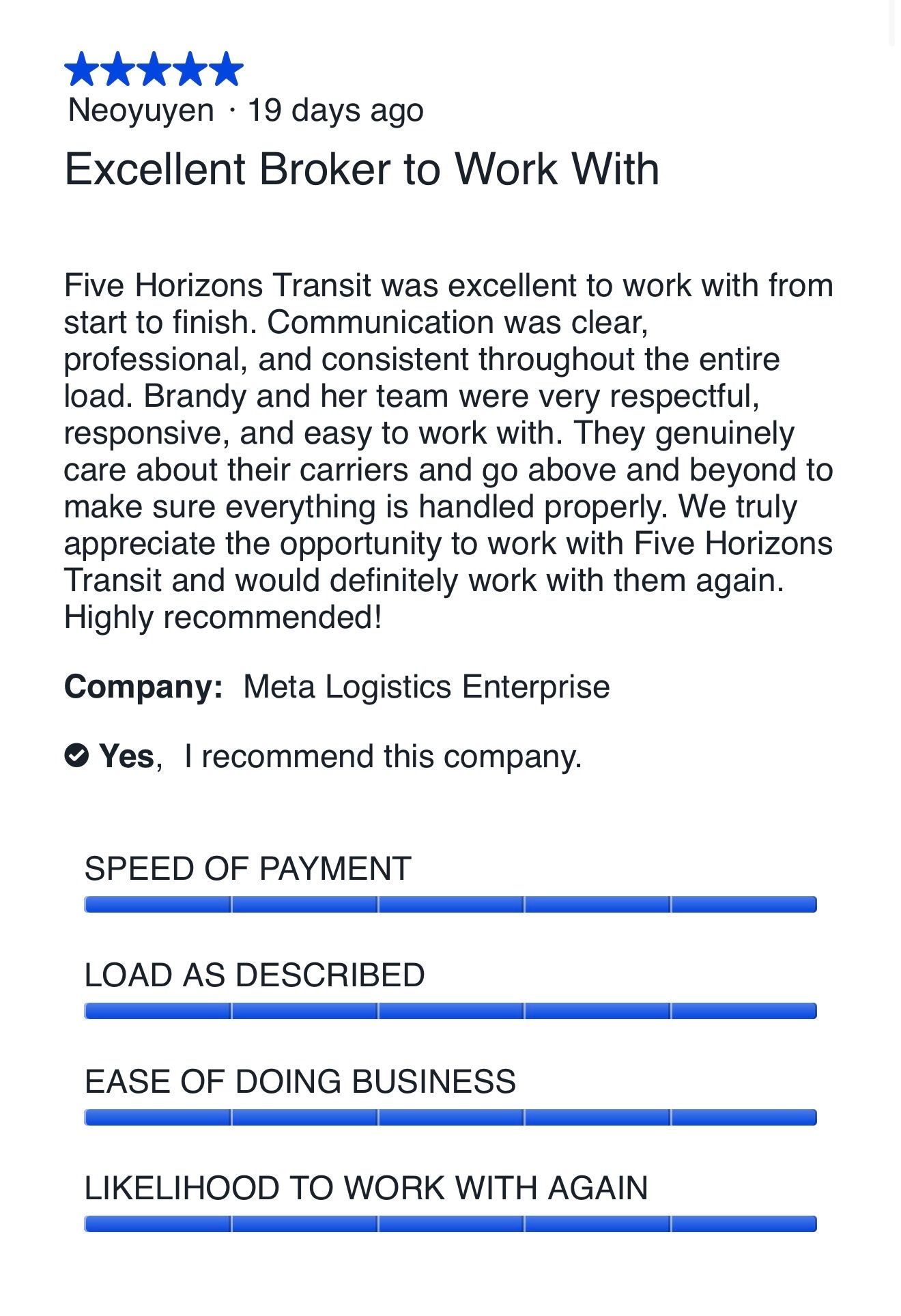 Five-star carrier review for Five Horizons Transit from Meta Logistics Enterprise