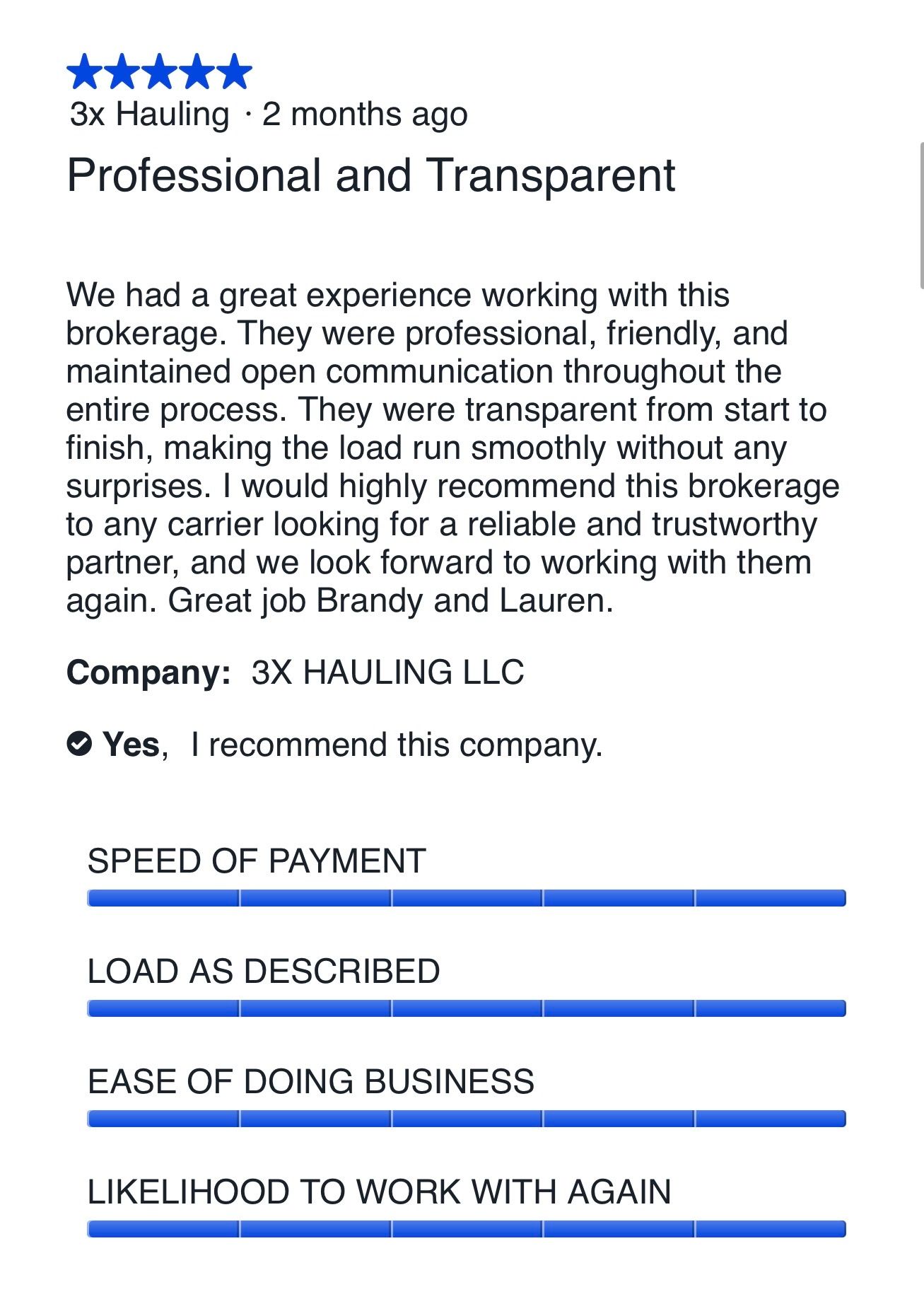 Five-star carrier review for Five Horizons Transit from 3X Hauling LLC