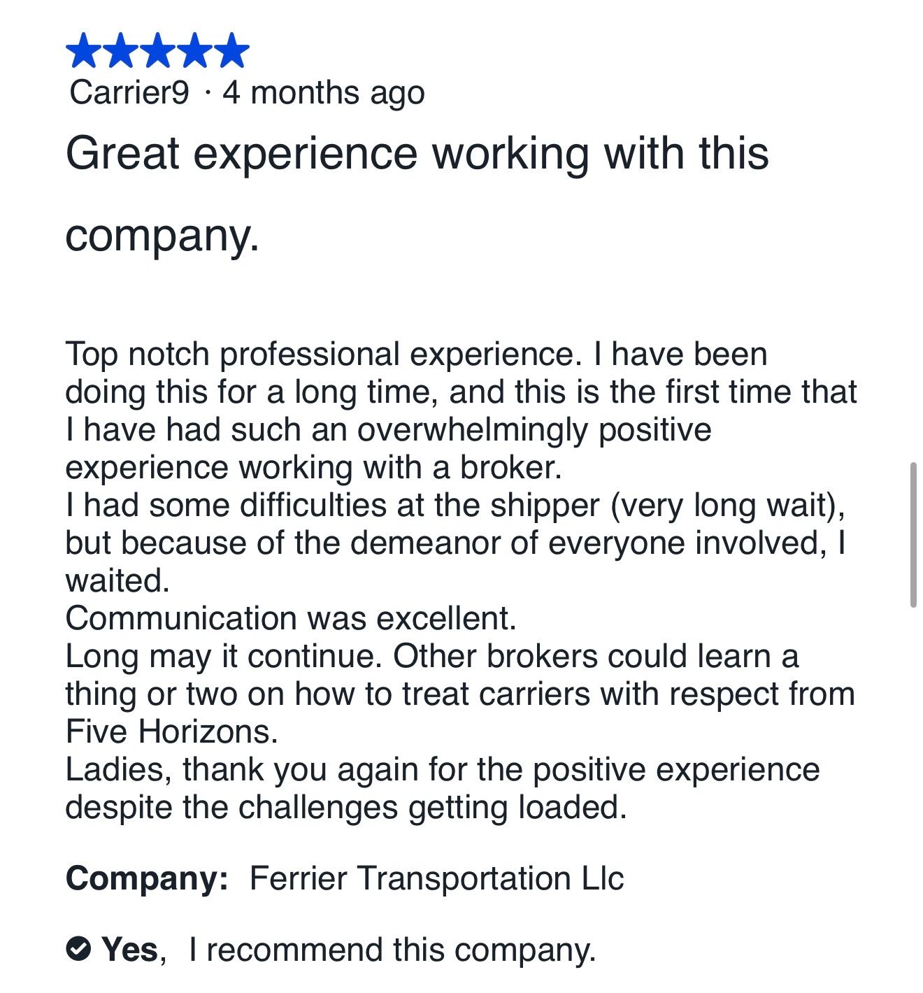 Five-star carrier review for Five Horizons Transit from Ferrier Transportation LLC