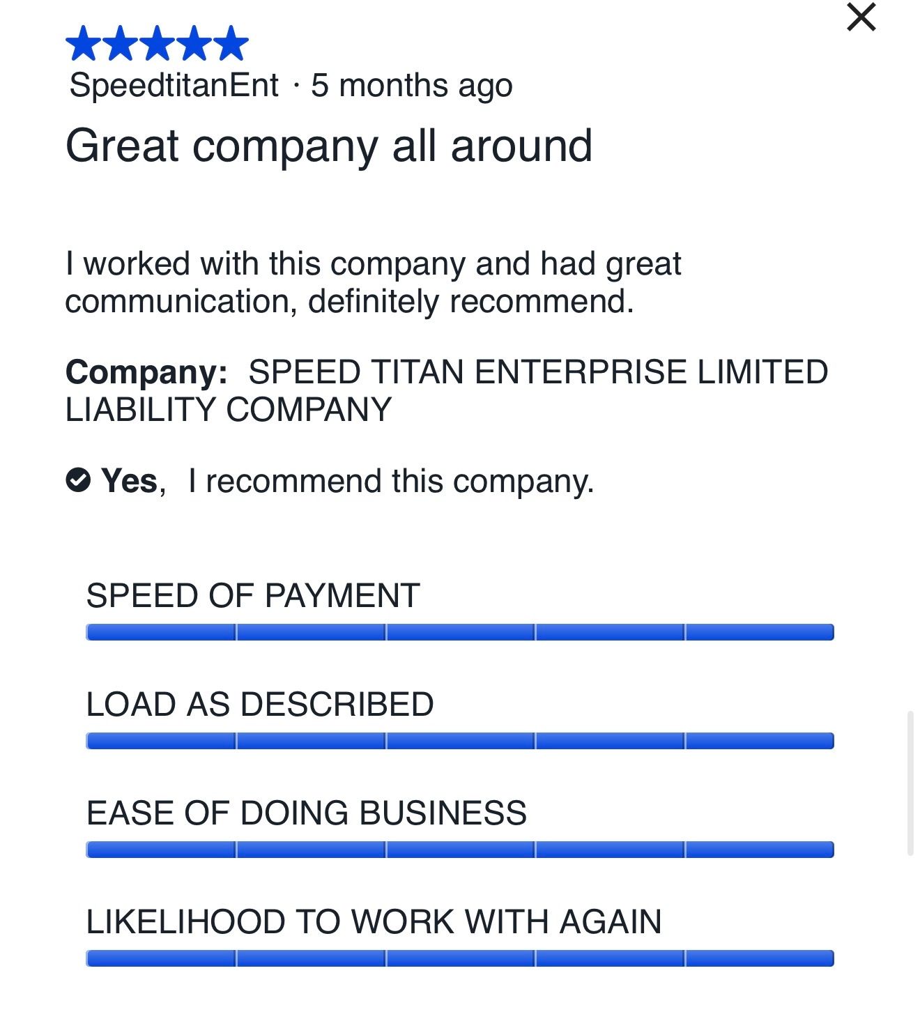 Five-star carrier review for Five Horizons Transit from Speed Titan Enterprise LLC