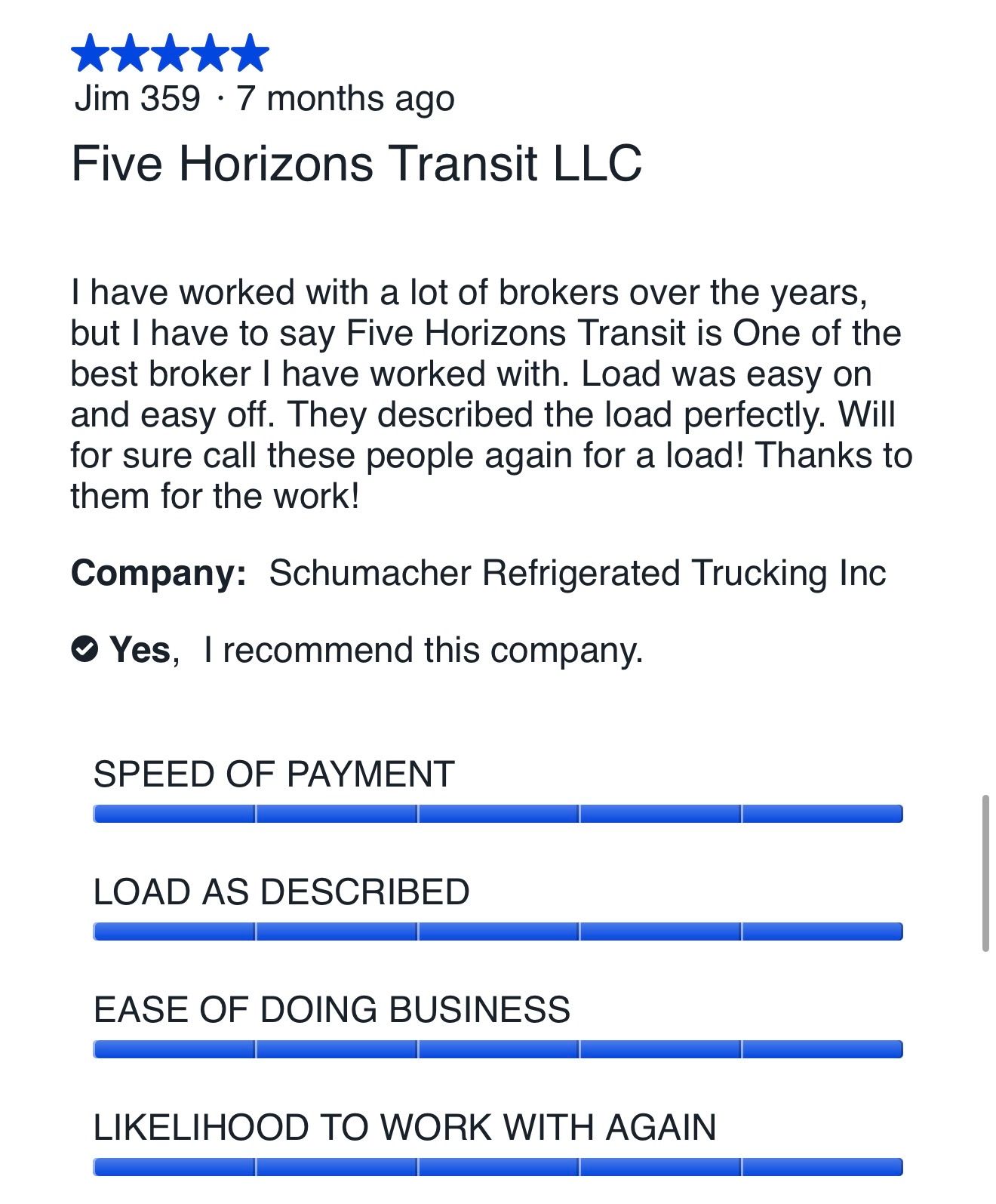 Five-star carrier review for Five Horizons Transit from Schumacher Refrigerated Trucking Inc