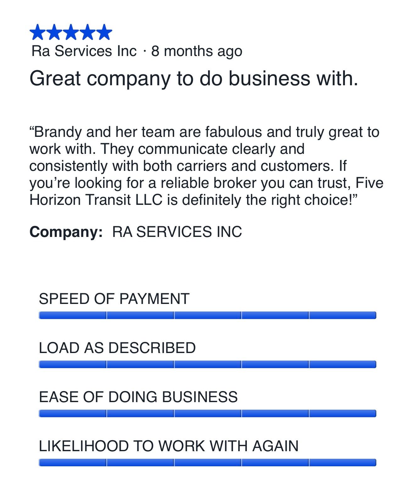 Five-star carrier review for Five Horizons Transit from RA Services Inc