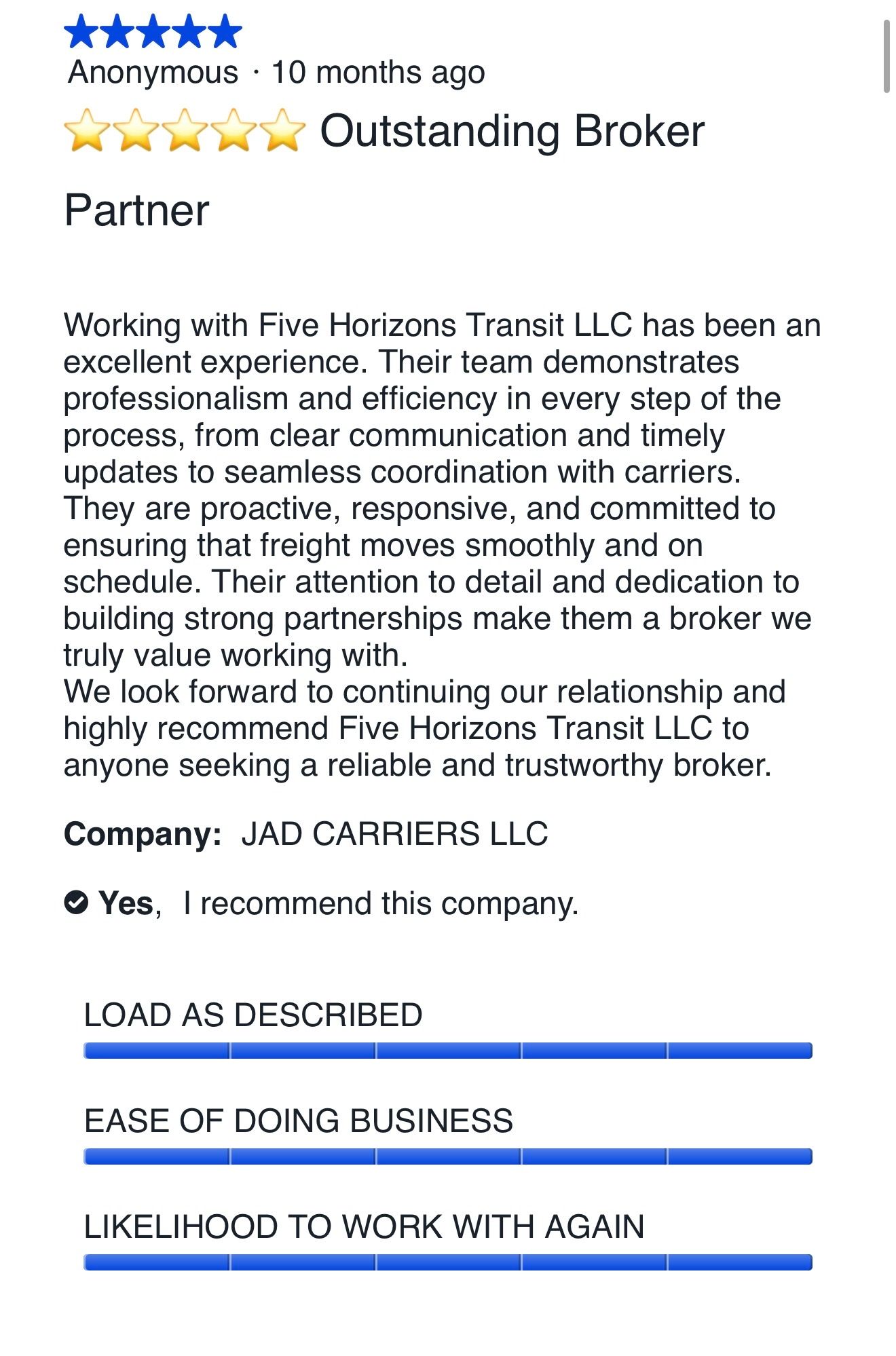 Five-star carrier review for Five Horizons Transit from JAD Carriers LLC