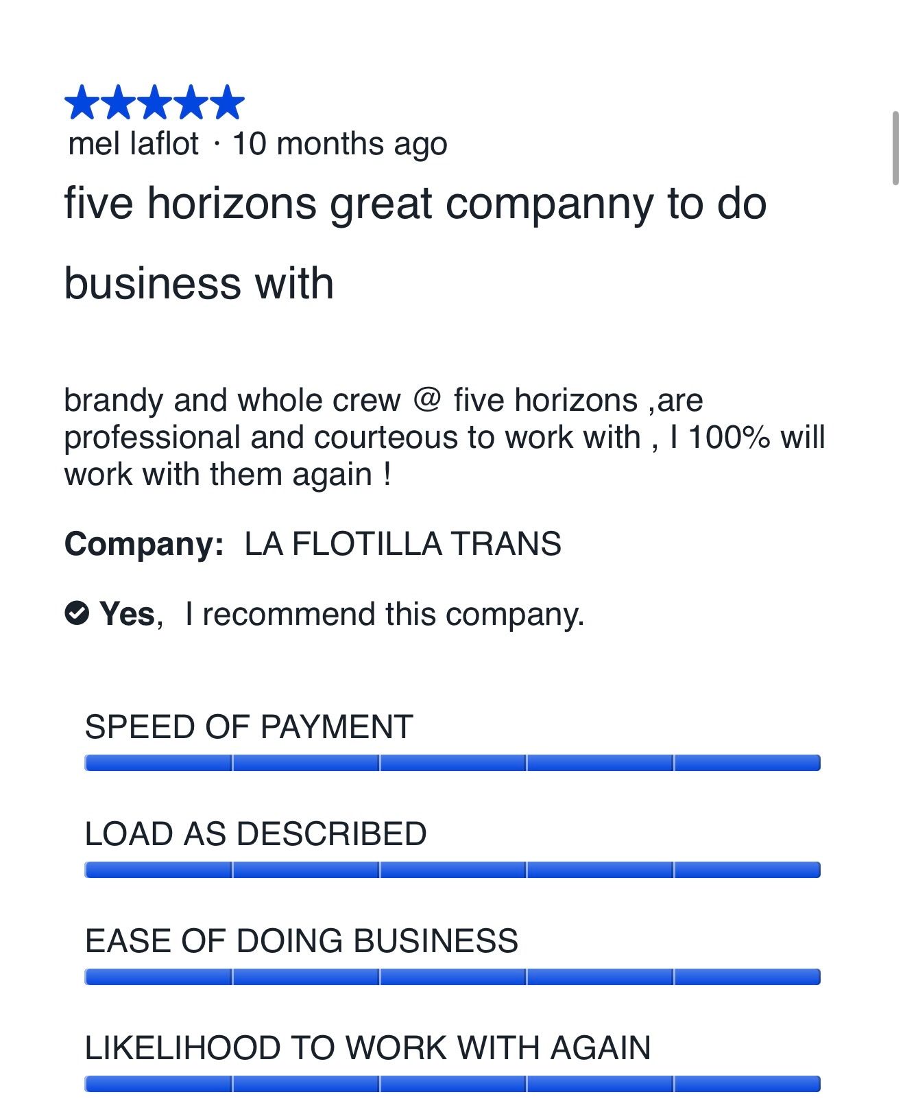 Five-star carrier review for Five Horizons Transit from La Flotilla Trans