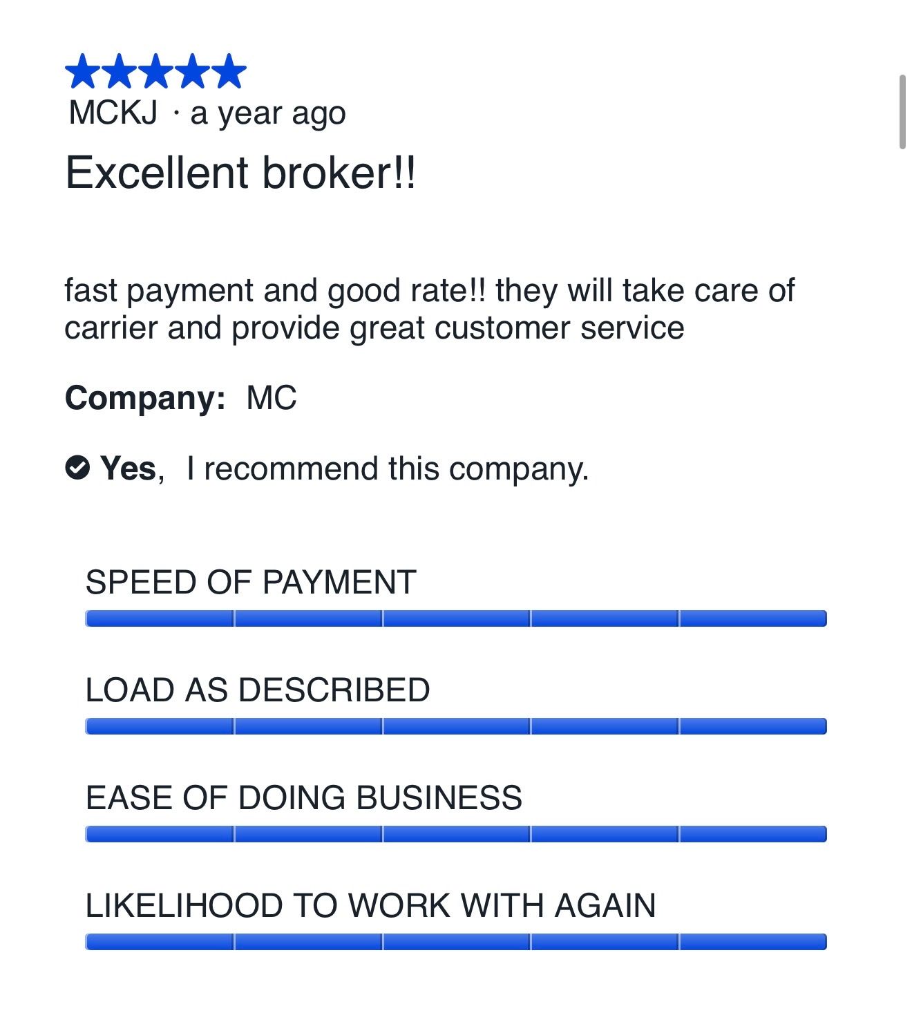 Five-star carrier review for Five Horizons Transit from MCKJ