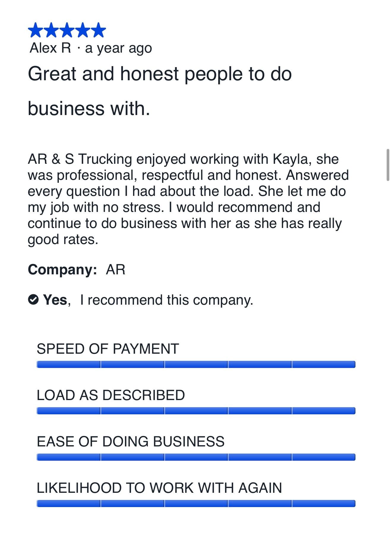Five-star carrier review for Five Horizons Transit from Alex R