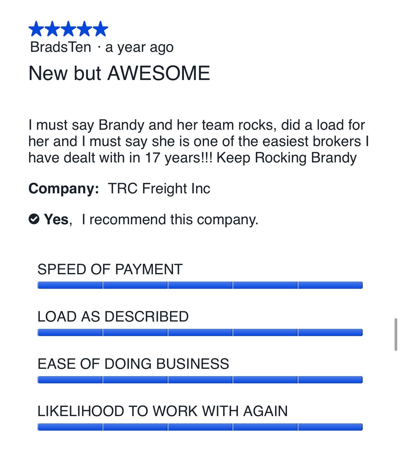 Five-star carrier review for Five Horizons Transit from TRC Freight Inc