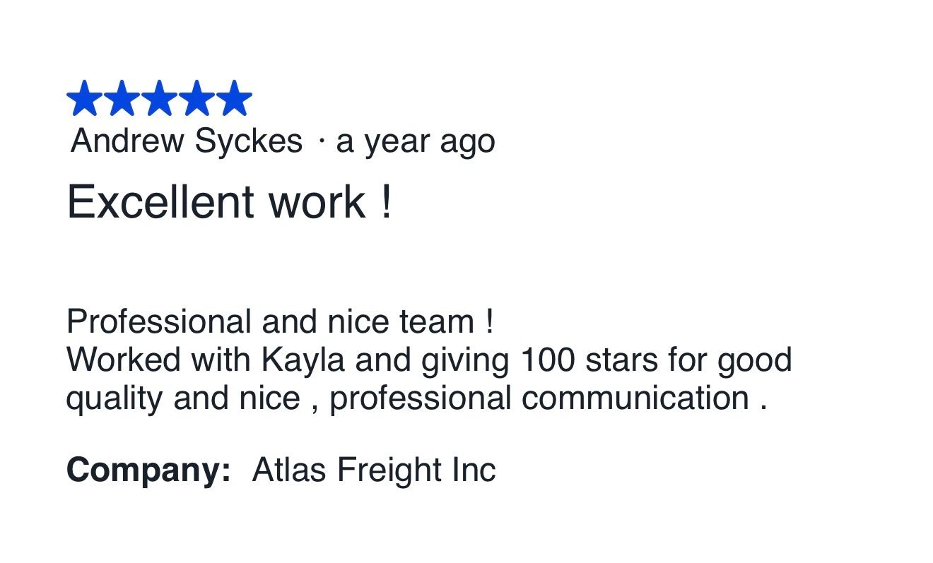 Five-star carrier review for Five Horizons Transit from Atlas Freight Inc