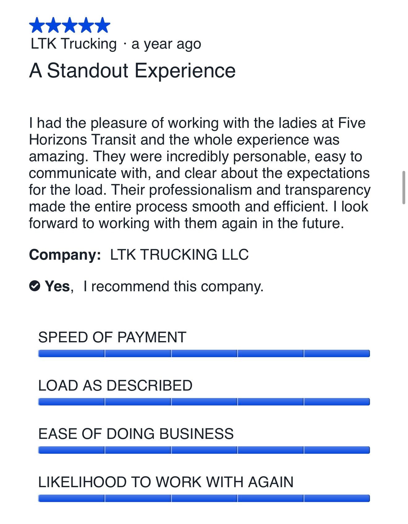 Five-star carrier review for Five Horizons Transit from LTK Trucking LLC