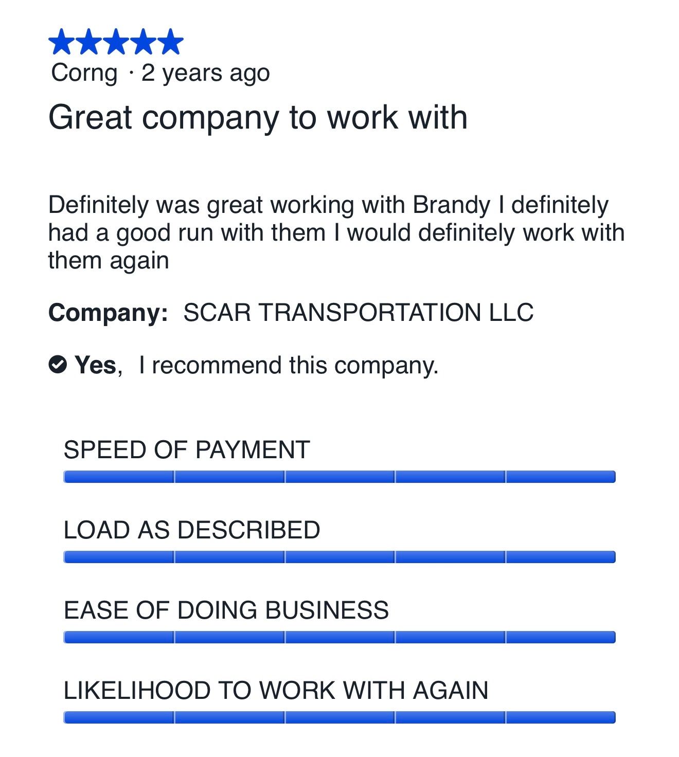 Five-star carrier review for Five Horizons Transit from SCAR Transportation LLC