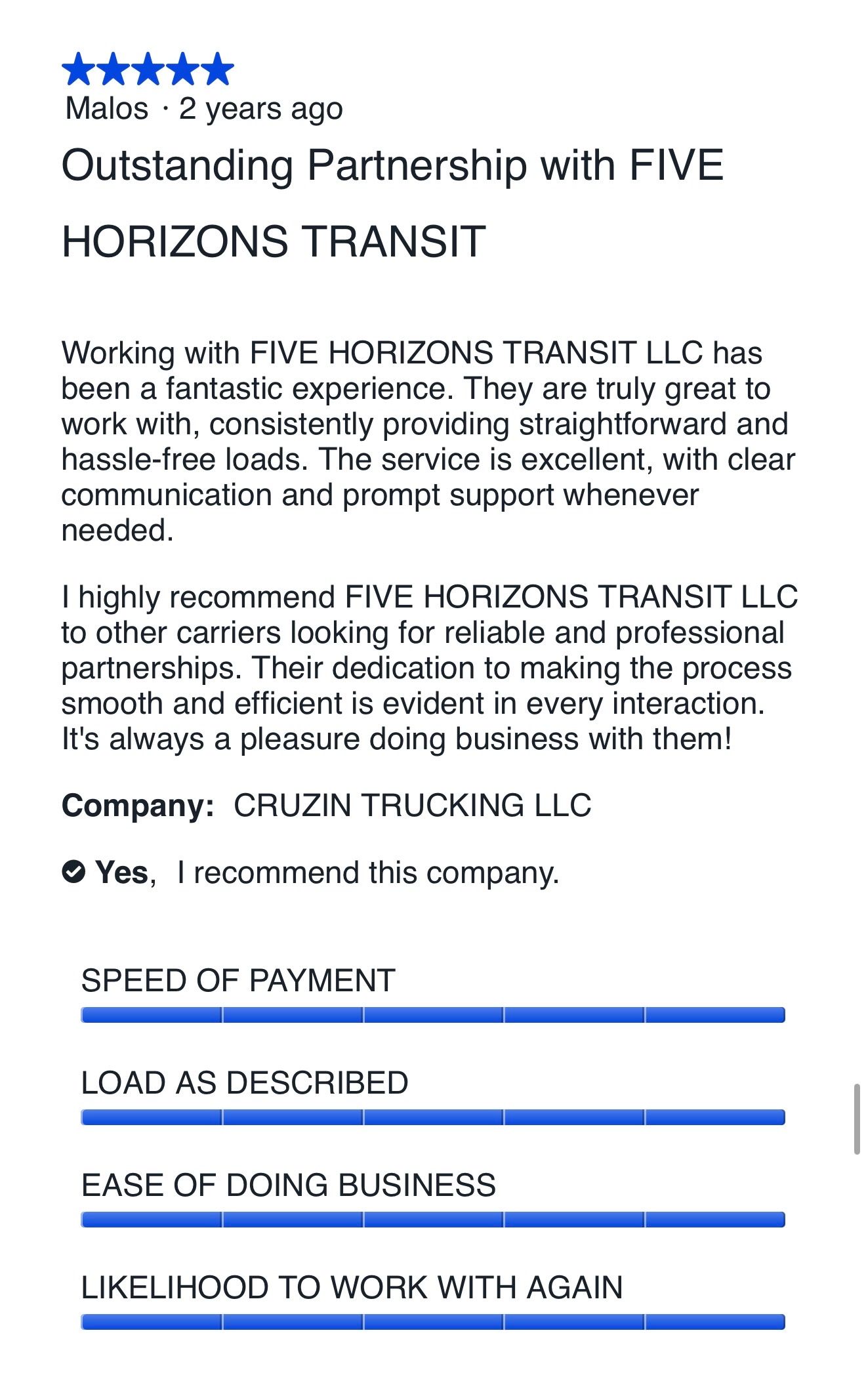 Five-star carrier review for Five Horizons Transit from Cruzin Trucking LLC