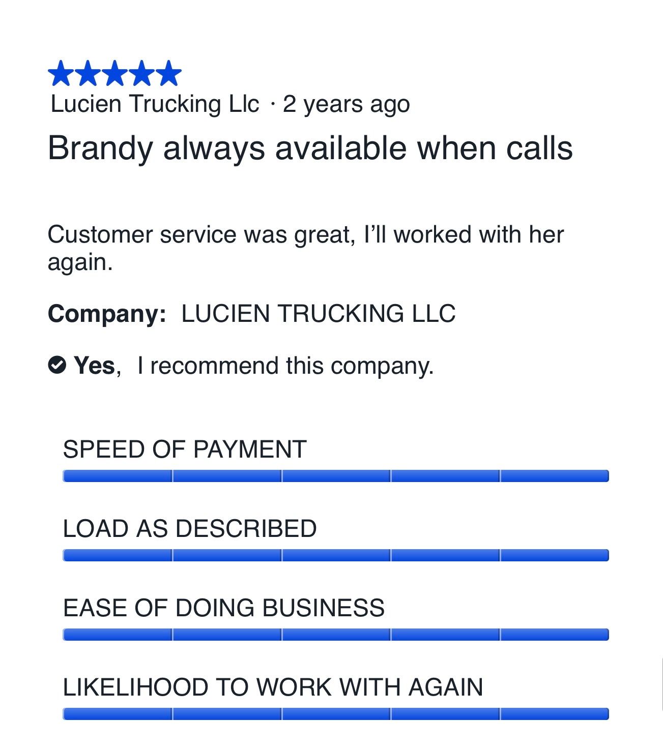 Five-star carrier review for Five Horizons Transit from Lucien Trucking LLC