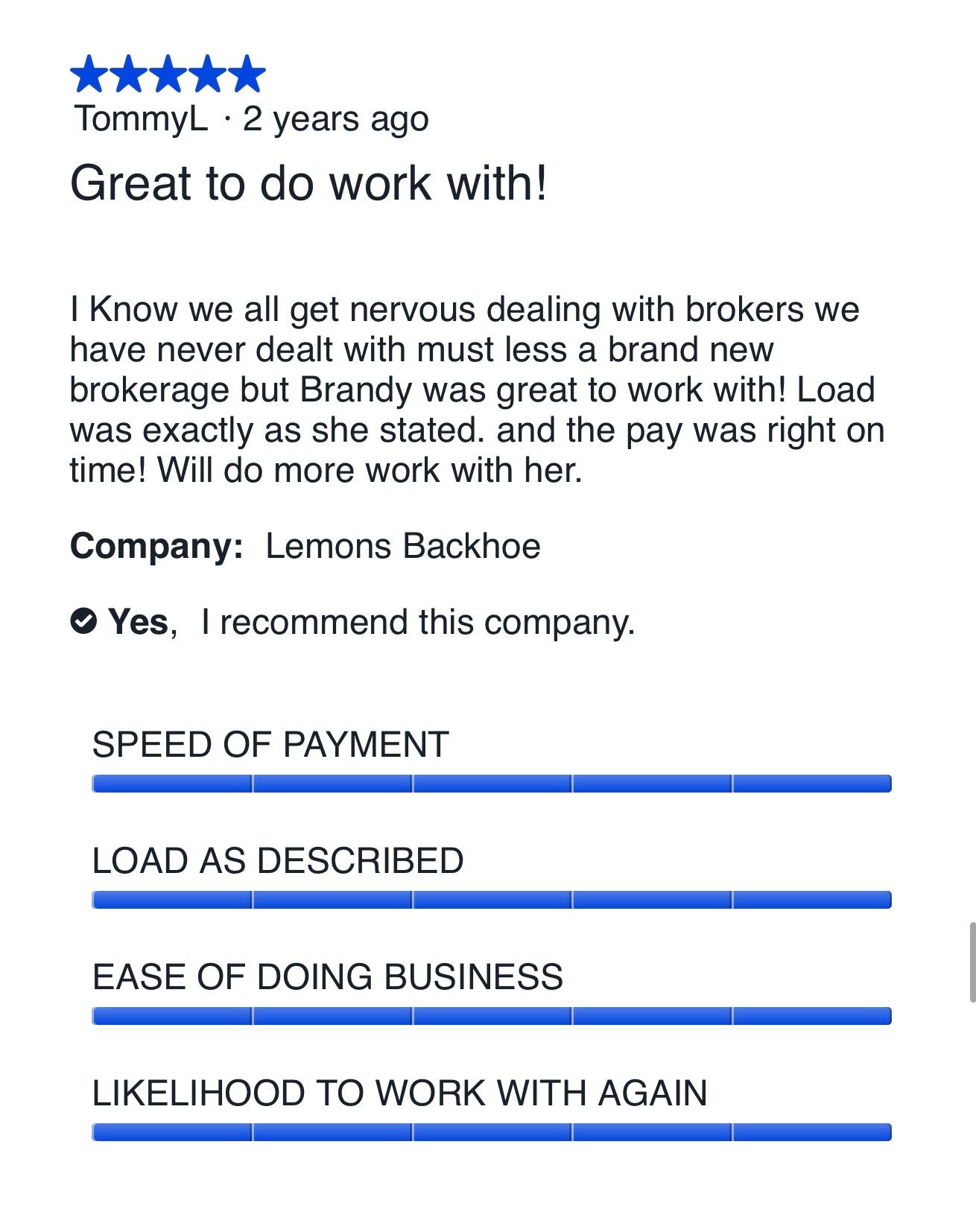 Five-star carrier review for Five Horizons Transit from Lemons Backhoe