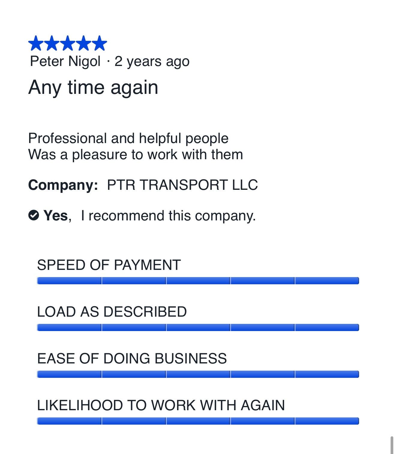 Five-star carrier review for Five Horizons Transit from PTR Transport LLC