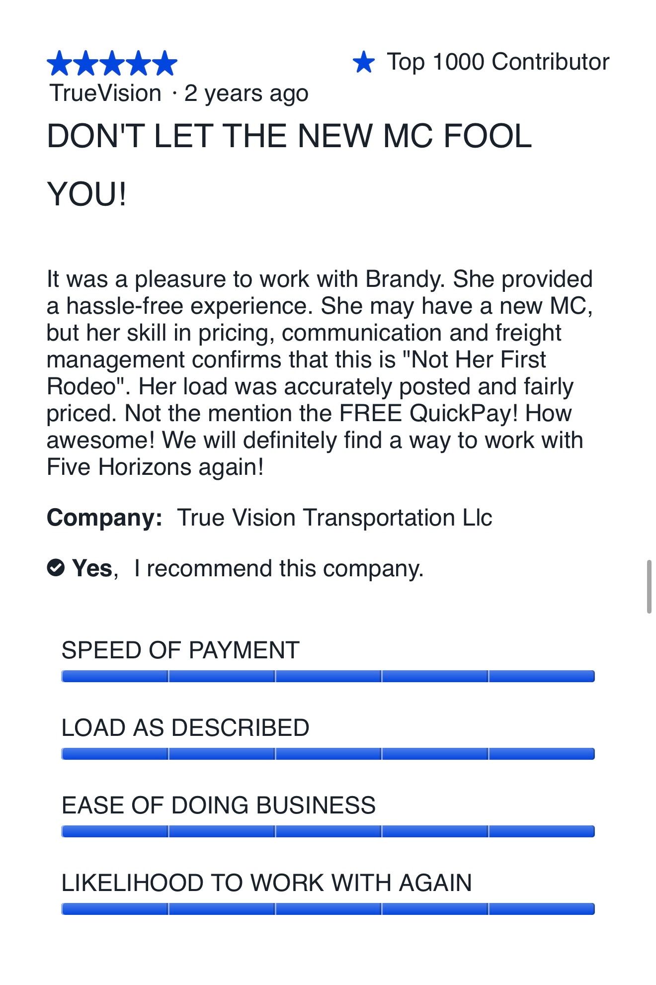 Five-star carrier review for Five Horizons Transit from True Vision Transportation LLC