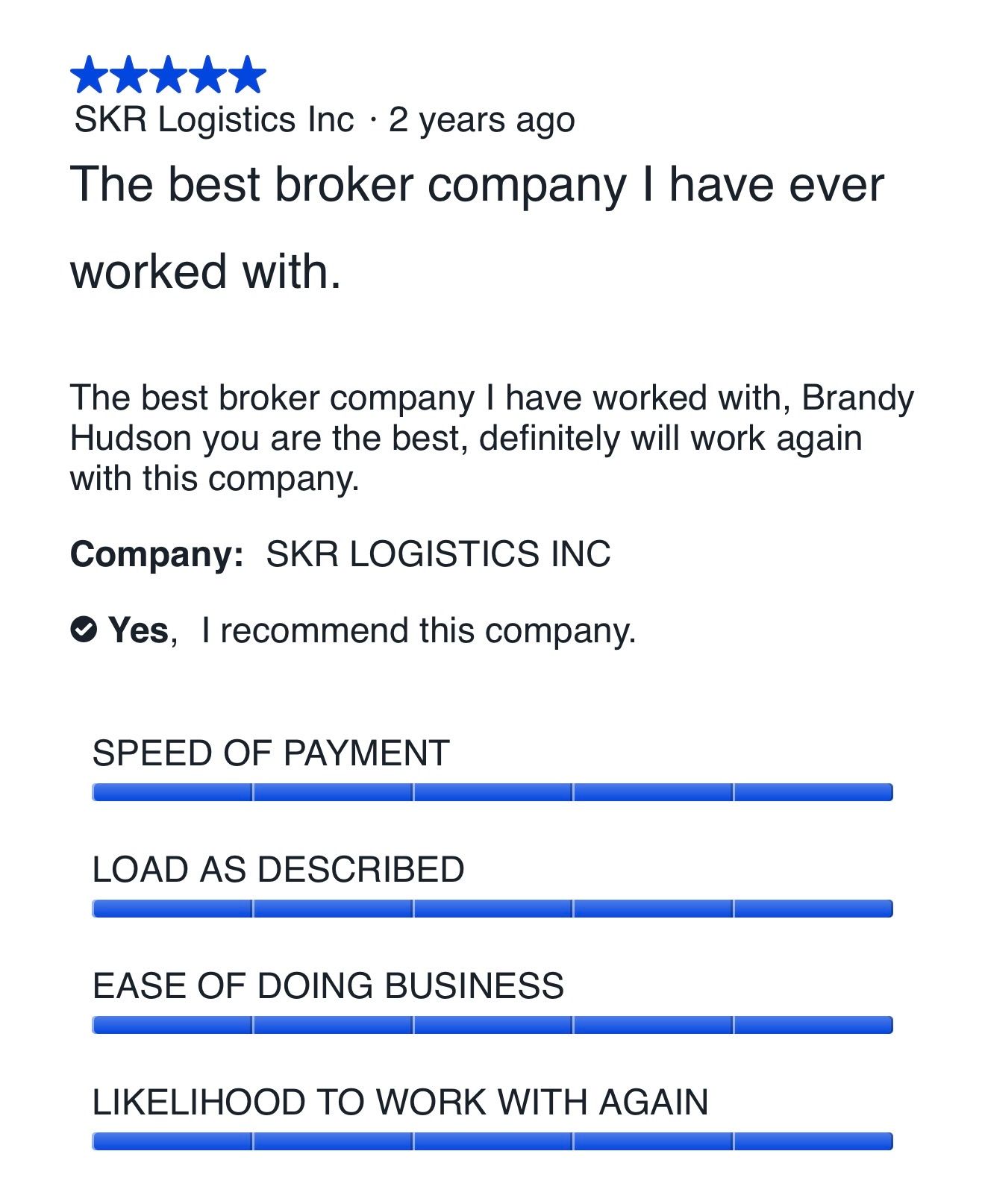 Five-star carrier review for Five Horizons Transit from SKR Logistics Inc