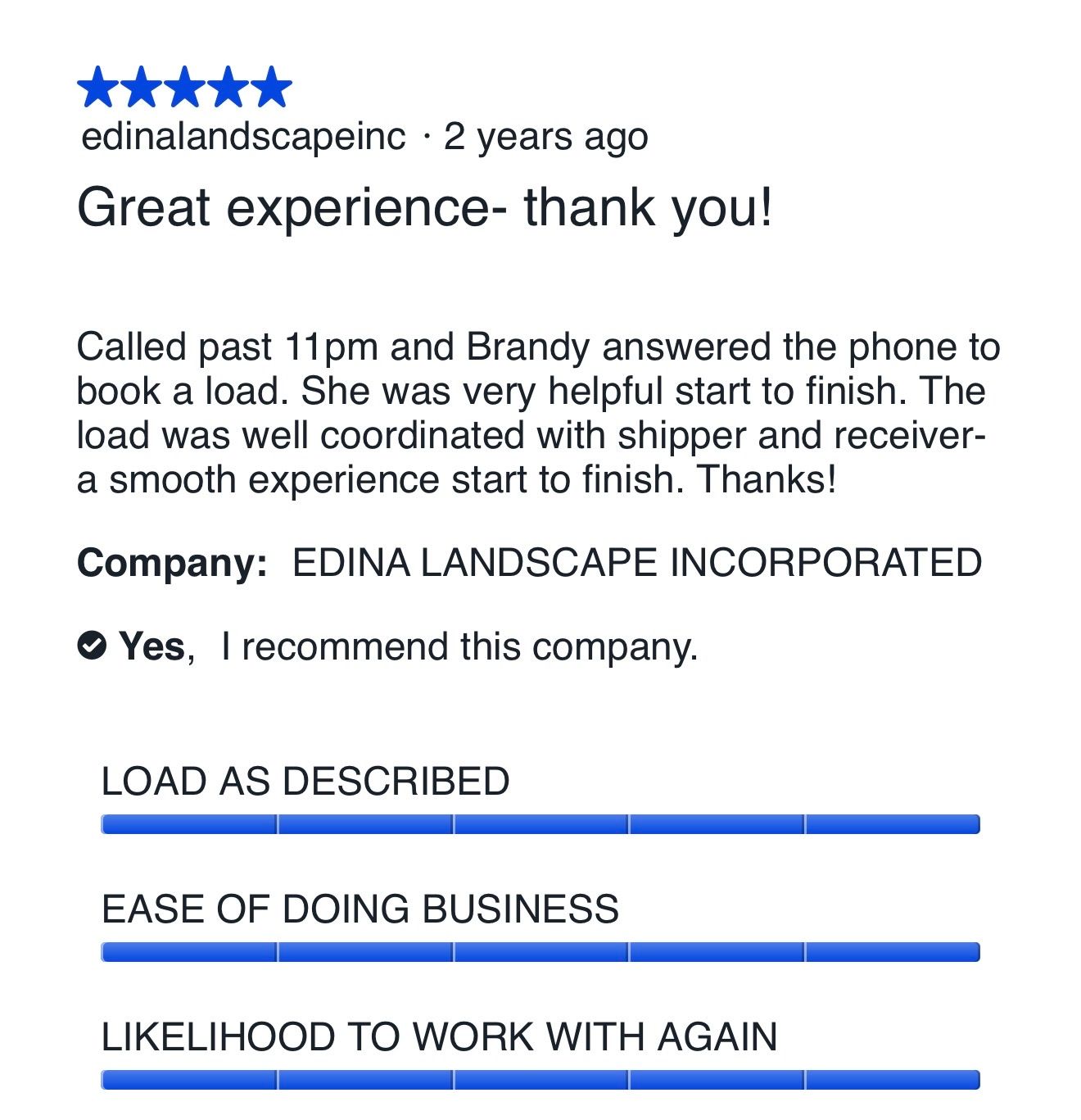 Five-star carrier review for Five Horizons Transit from Edina Landscape Incorporated