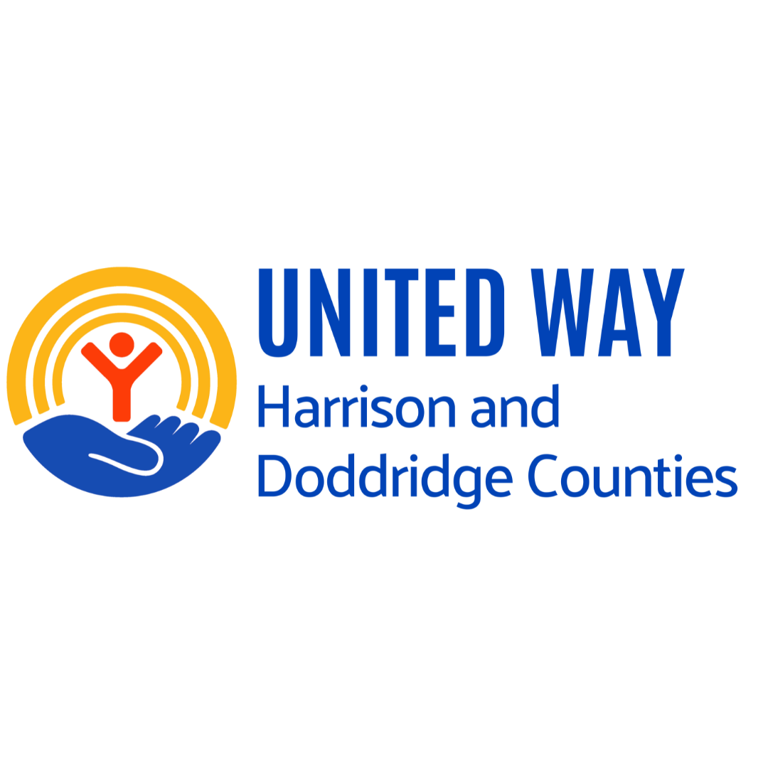 United Way logo: blue hand cradles a red stick figure within a yellow sun; text
