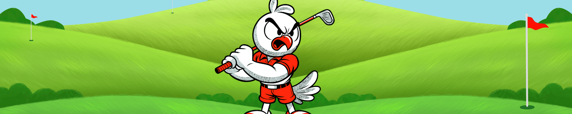 A cartoon character is holding a golf club on a golf course.