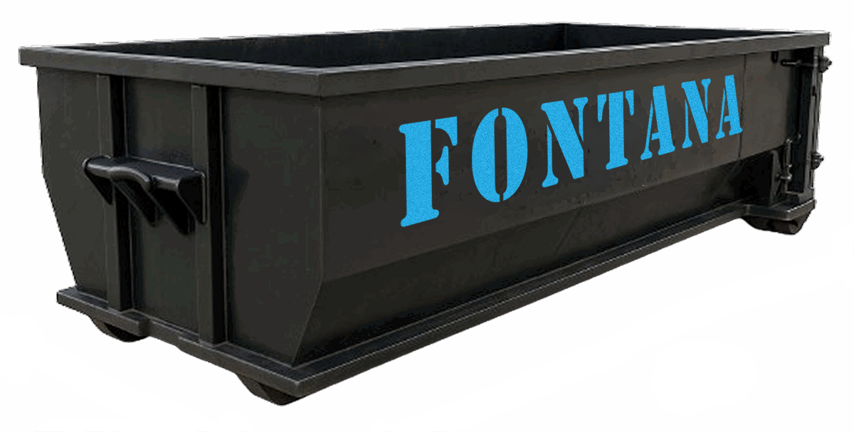 Black industrial dumpster with blue “FONTANA” lettering on the side