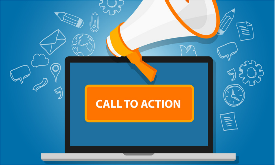Laptop with bullhorn shouting call to action (illustration)