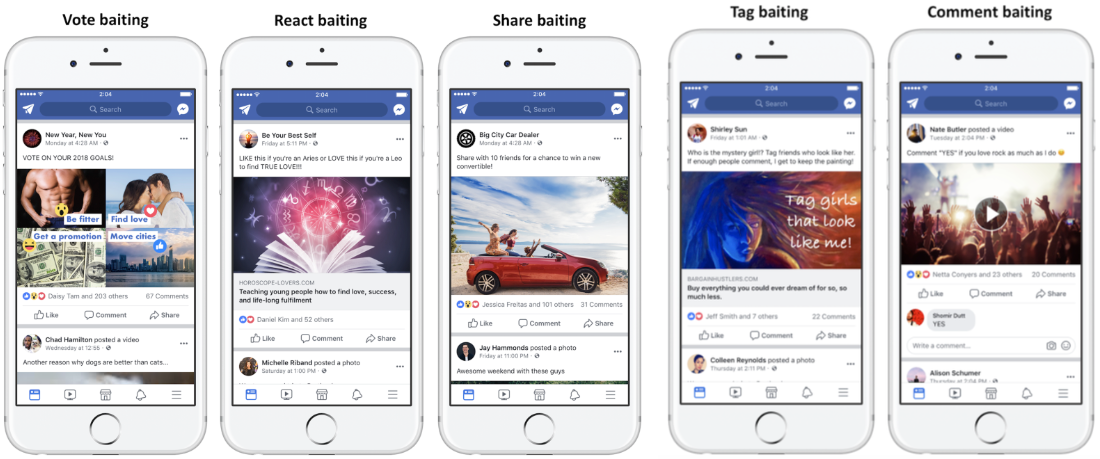 Screenshots showing vote baiting, react baiting, share baiting, tag baiting, comment baiting