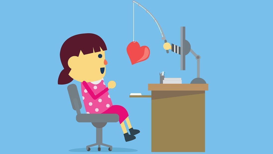 Cartoon of an arm coming out of a screen fishing with a heart for bait