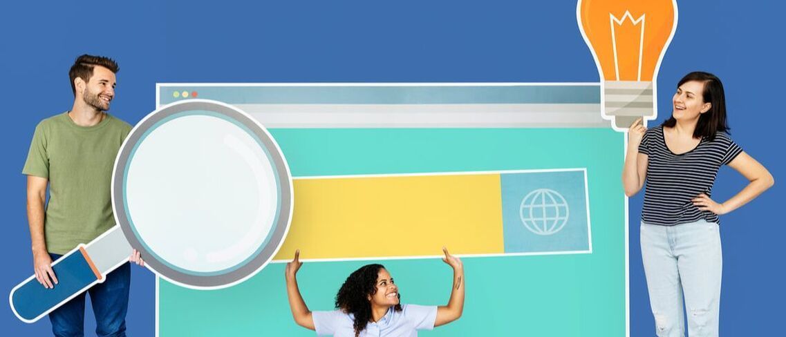 People in front of illustration showing good search engine results