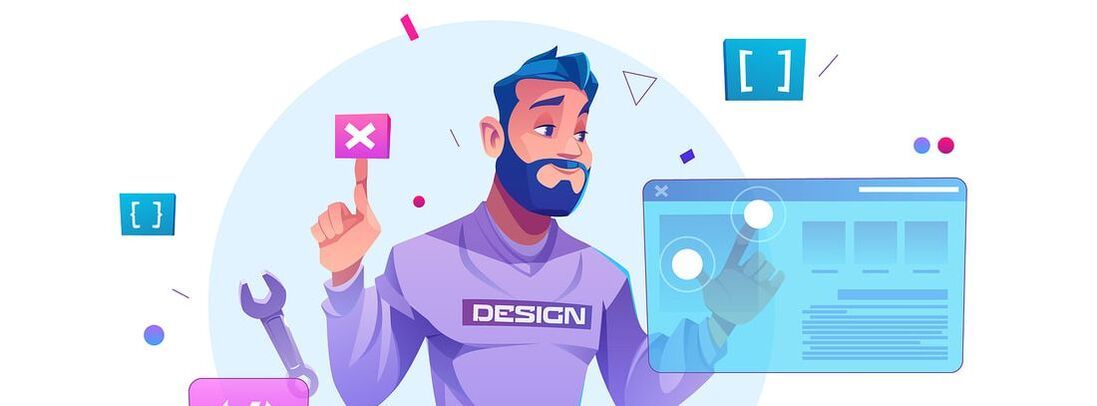 Illustration of a cartoon man designing a website and getting a domain with hosting