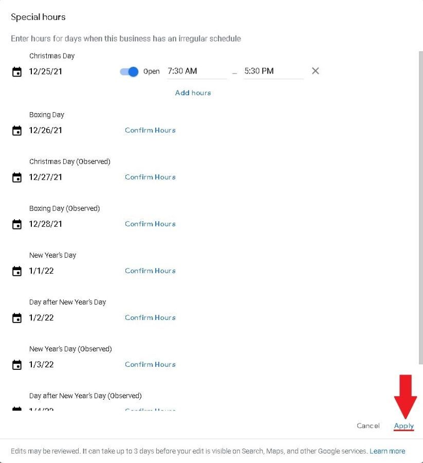 Google My Business setting special hours