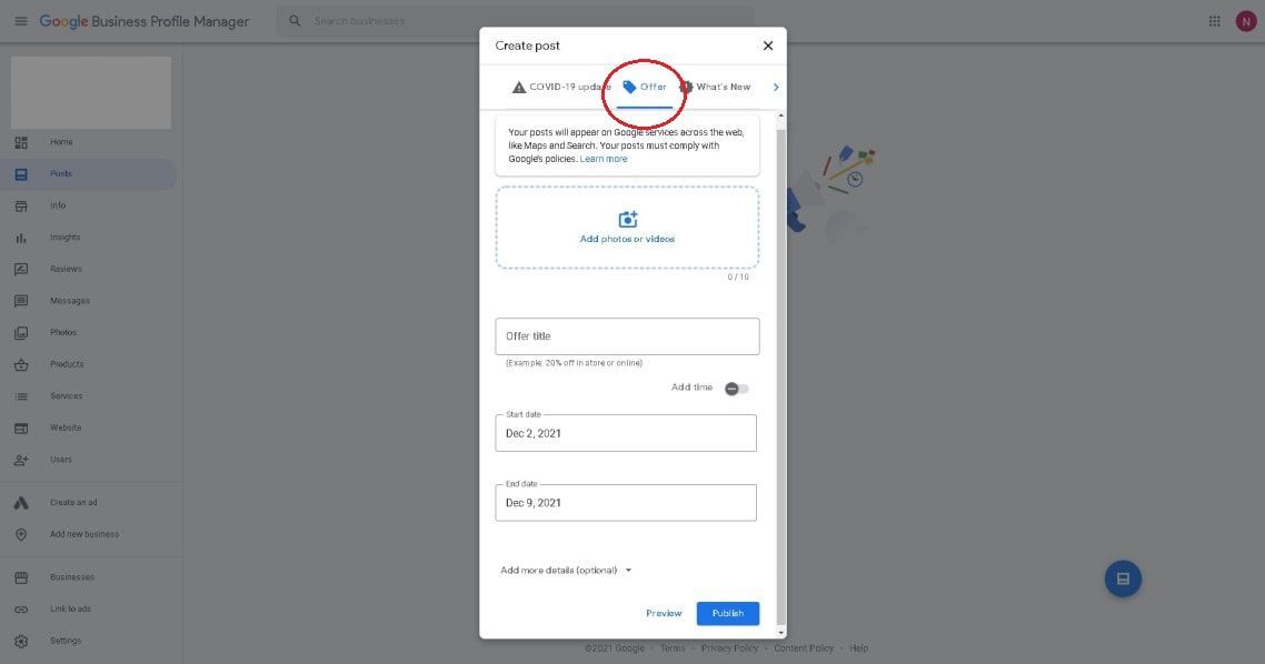Create Google My Business offer