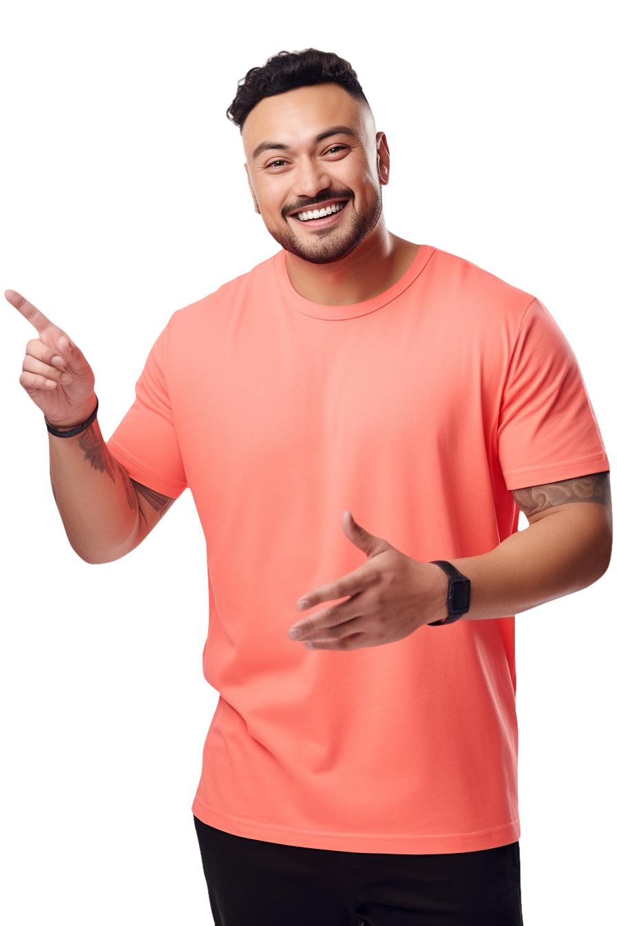 Maori man in peach t-shirt points towards a heading about New Zealand's Best Website Editor