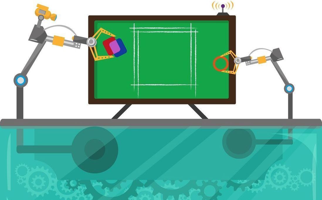 Illustration of a robot placing shapes onto a monitor symbolising a website redesign