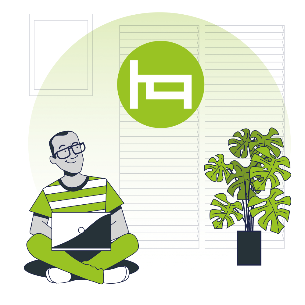 Persona con un ordenador portátil sentada con las piernas cruzadas junto a una planta en maceta en una habitación luminosa con un logotipo verde.