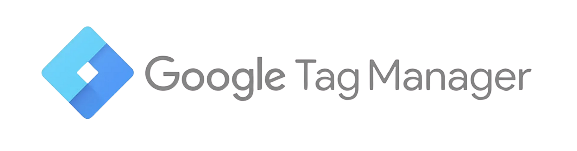 Logotipo do Google Tag Manager com ícone de diamante azul e texto cinza sobre fundo branco.