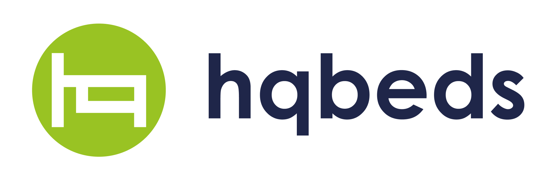Logotipo de hqbeds con icono de círculo verde y marca denominativa azul oscuro.