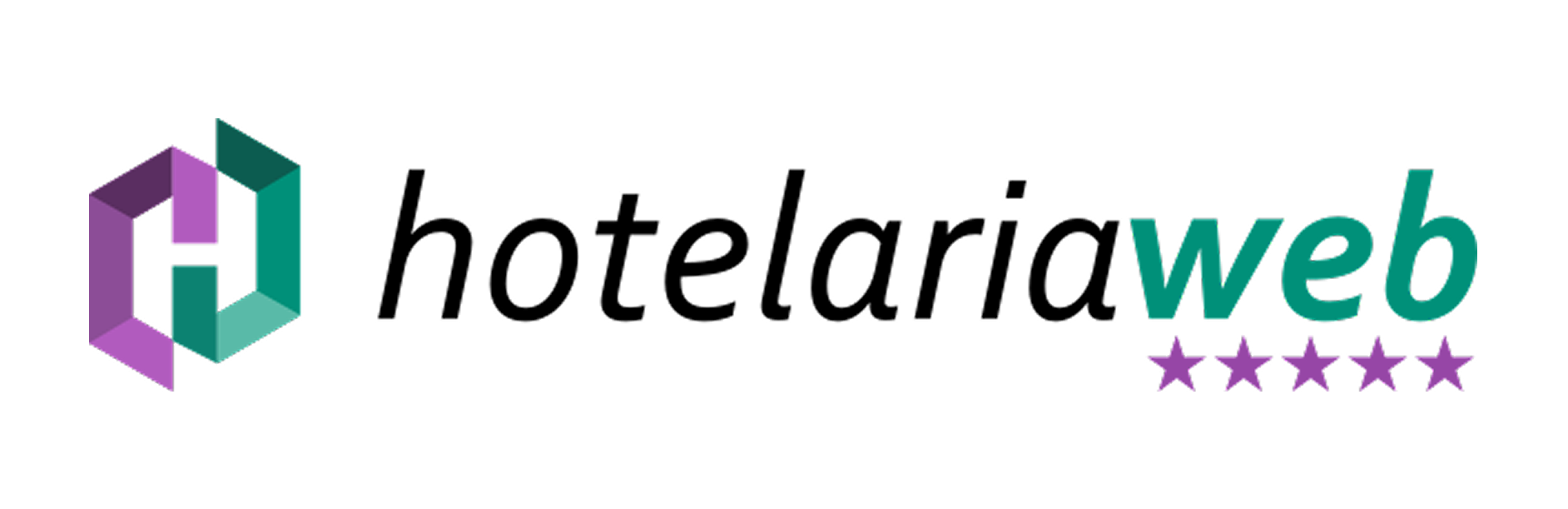 Logotipo de Hotelariaweb con icono geométrico morado y turquesa y texto negro y turquesa con estrellas moradas