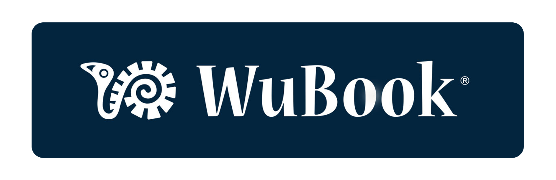 Logotipo de WuBook sobre un fondo rectangular azul oscuro con texto blanco y un icono decorativo en espiral.
