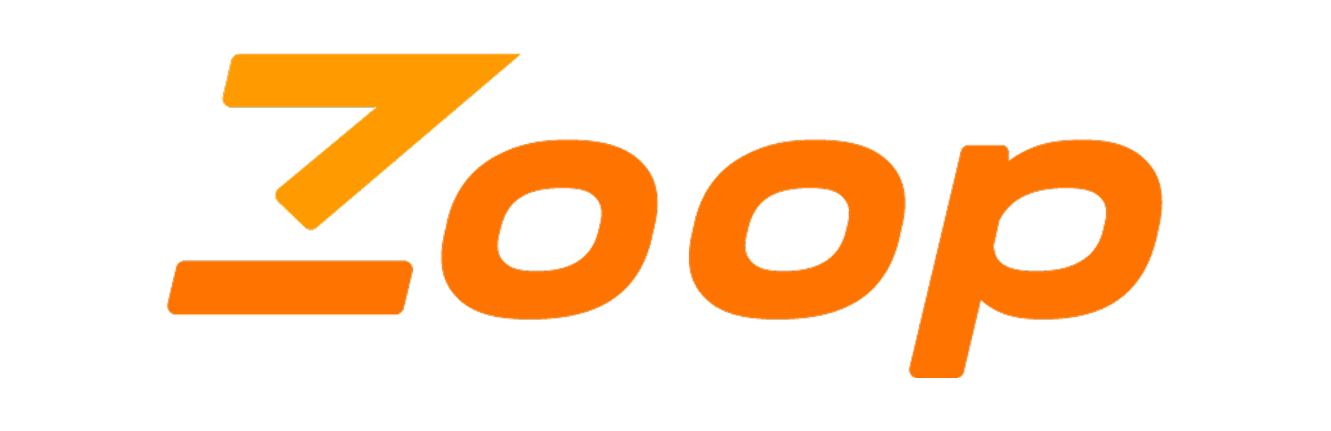 Logotipo naranja de Zoop con letras cursivas estilizadas sobre un fondo blanco.