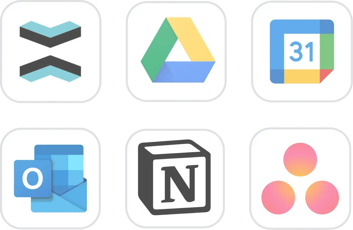 Seis iconos de aplicaciones: Monday.com, Google Drive, Google Calendar, Outlook, Notion y Asana.
